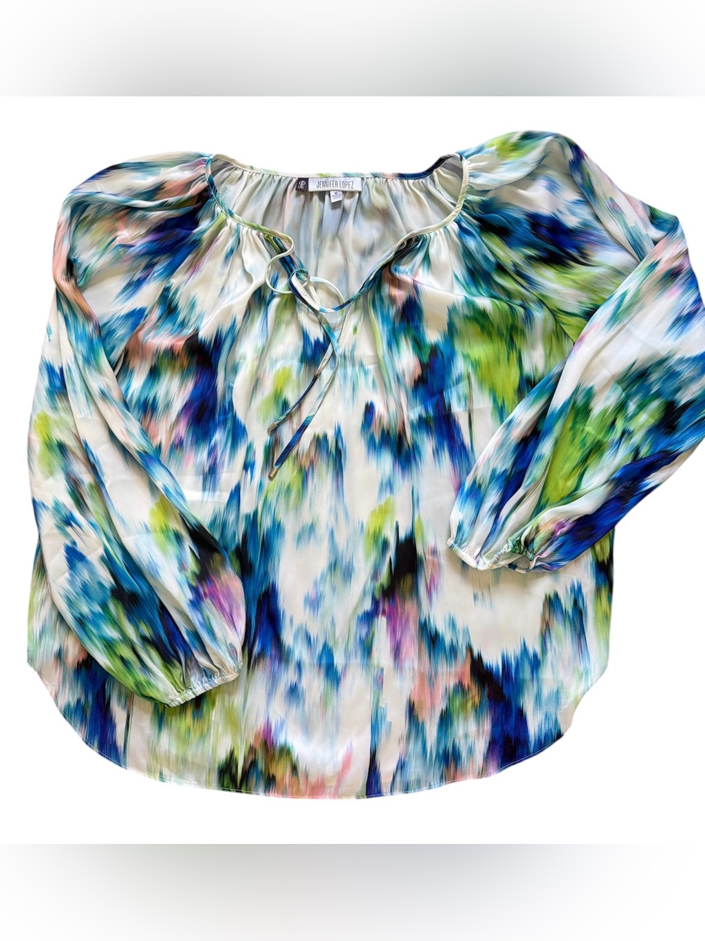 Jennifer Lopez Women’s M Abstract Watercolor Chiffon Tie Keyhole Peasant Blouse — image 4 of 8